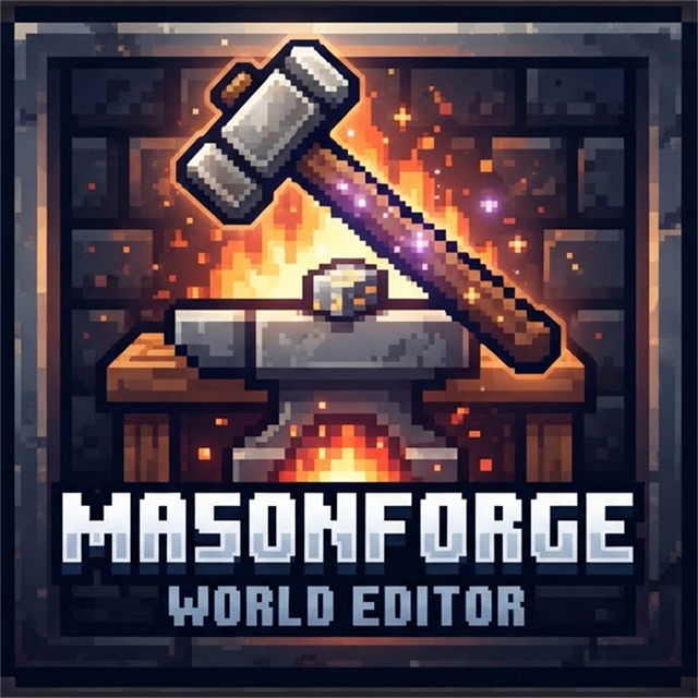 MasonForge World Editor logo: a hammer over an anvil in a stone forge